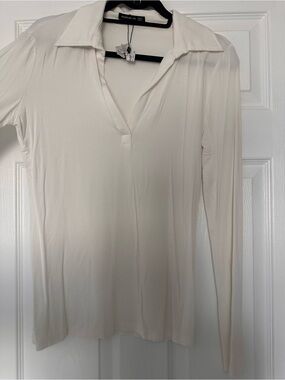 White  Long-Sleeve Collared V-Neck Top Size L